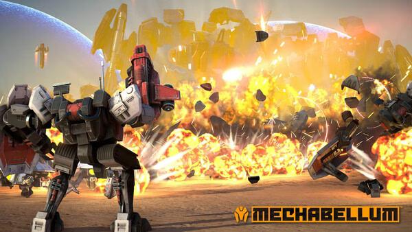 Mechabellum screenshot: A mech stands in the foreground with explosions and debris filling the battlefield behind it.