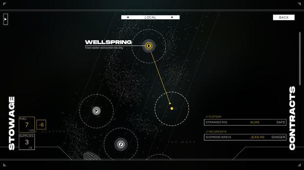 Screenshot of Citizen Sleeper 2: Starward Vector showing a map interface with locations, contracts, and stowage information.