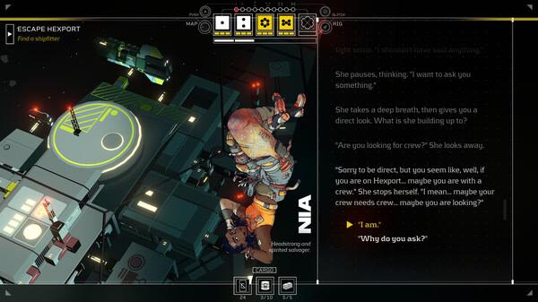 Citizen Sleeper 2: Starward Vector screenshot of a character floating in space near a hexport, with dialogue options visible.