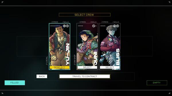 Screenshot from Citizen Sleeper 2: Starward Vector showing crew selection with three characters: YU, ANKOU, and BLISS.