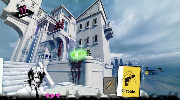 Screenshot from Neon White showing a character leaping towards a white building, with cards and a timer displayed.