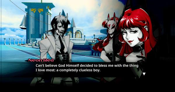 Screenshot from Neon White showing Neon Red speaking to Neon White in a futuristic cityscape with dialogue displayed.