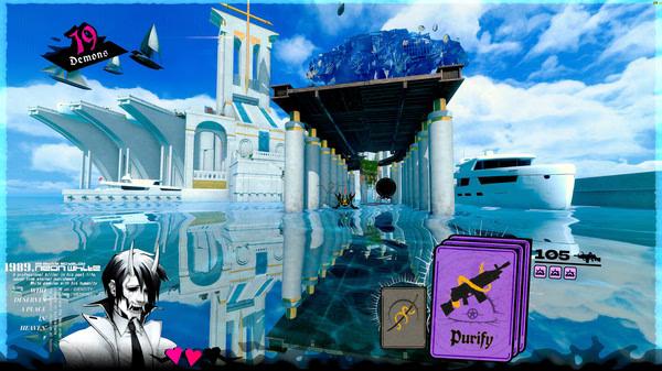 Screenshot from Neon White showing a character portrait, cards labeled "Purify," and a futuristic bridge over reflective water.