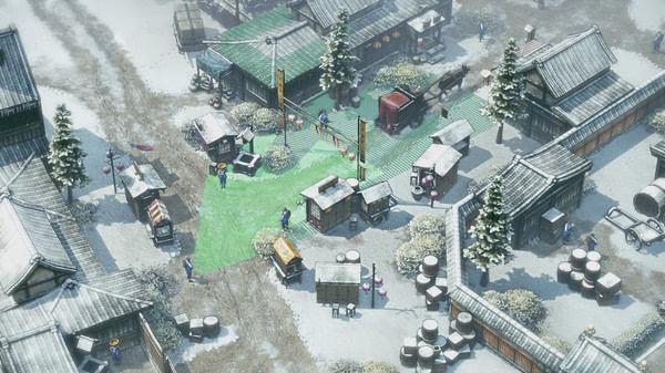 Screenshot from 'Shadow Tactics: Blades of the Shogun' showing a snowy village with buildings and characters in view.