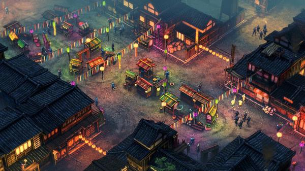A screenshot from Shadow Tactics: Blades of the Shogun showing a vibrant night market with lanterns and scattered characters.