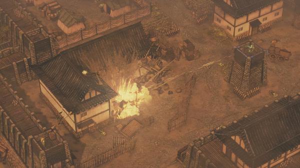 Screenshot from Shadow Tactics: Blades of the Shogun showing an explosive blast in a Japanese village surrounded by wooden structures.
