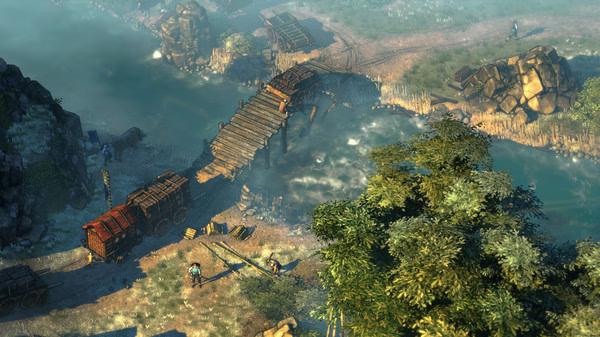 Screenshot from Shadow Tactics: Blades of the Shogun showing a wooden bridge over a river with characters and wagons nearby.