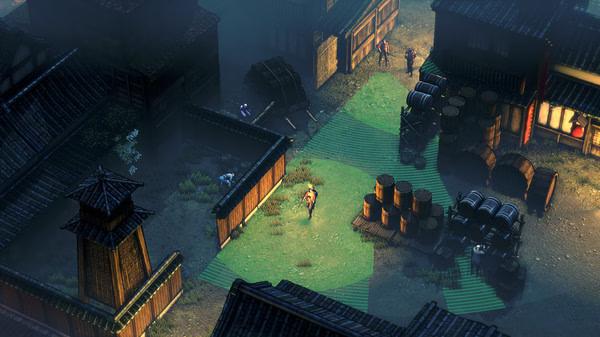 Screenshot from Shadow Tactics: Blades of the Shogun showing a character stealthily navigating a dimly lit village.