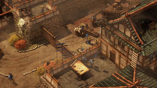 Screenshot from Shadow Tactics: Blades of the Shogun showing a group of characters infiltrating a traditional Japanese fortress.