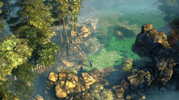Screenshot of "Shadow Tactics: Blades of the Shogun" showing a lush forest scene with a character standing among rocks and trees.
