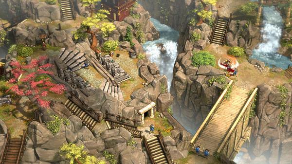 Screenshot of 'Shadow Tactics: Blades of the Shogun' shows a mountainous terrain with bridges, stairs, and a rushing river.