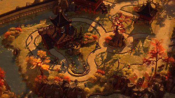 A screenshot from Shadow Tactics: Blades of the Shogun showing a detailed autumn-themed garden with pagodas and winding paths.