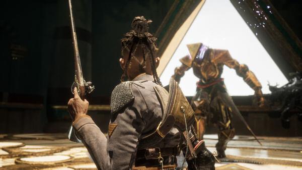 Screenshot from Flintlock: The Siege of Dawn showing a character holding a sword, facing a large armored enemy in a dimly lit room.
