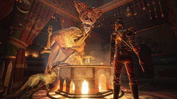 Screenshot from Flintlock: The Siege of Dawn showing a character facing a towering creature near a glowing circular stone table.