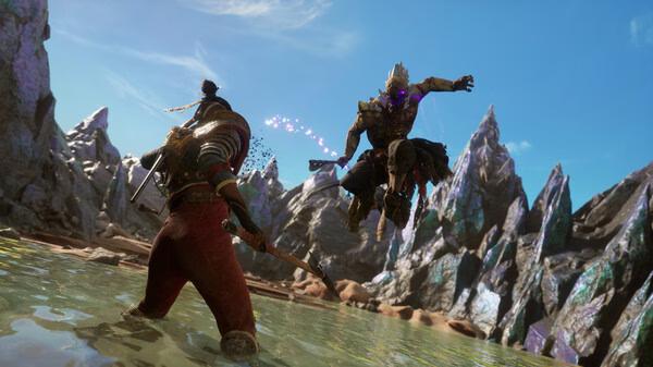 Screenshot from 'Flintlock: The Siege of Dawn' showing a warrior facing a leaping foe in a rocky, water-filled landscape.