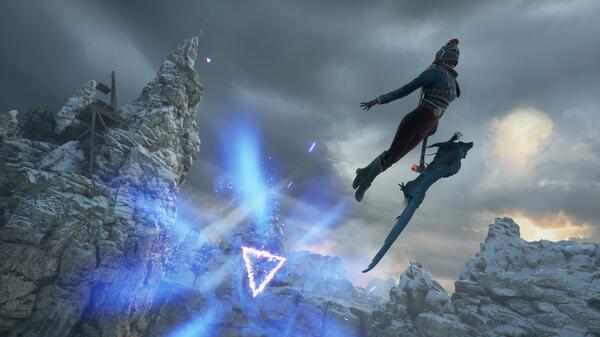 Screenshot from "Flintlock: The Siege of Dawn" showing a character mid-air with magical effects in a rocky landscape.