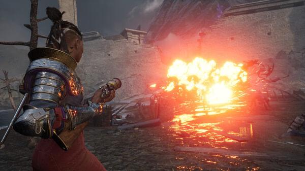 Screenshot from Flintlock: The Siege of Dawn showing a character aiming a weapon at enemies amidst a fiery explosion near ruins.