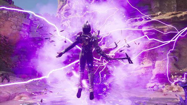 A screenshot from Flintlock: The Siege of Dawn showing a character surrounded by purple lightning in a rocky environment.