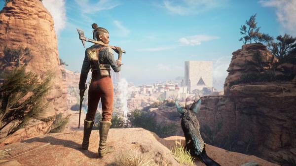 Screenshot from Flintlock: The Siege of Dawn showing a character with a weapon and a creature, overlooking a canyon and distant city.