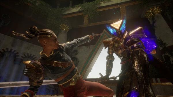 Screenshot from Flintlock: The Siege of Dawn showing a protagonist battling a glowing, armored enemy in an ornate, overgrown setting.