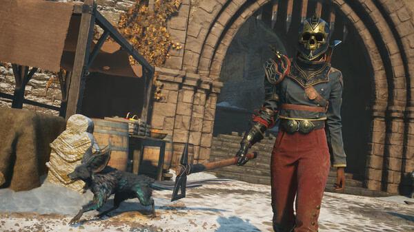 Screenshot from Flintlock: The Siege of Dawn shows a character in armor with a staff, accompanied by a mythical creature.