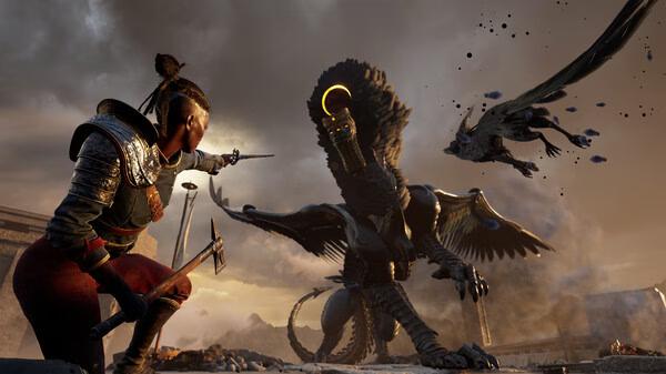 Screenshot from Flintlock: The Siege of Dawn showing a warrior confronting a large, mythical creature with a bird flying nearby.
