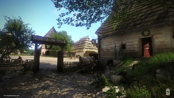 Screenshot from Kingdom Come: Deliverance showing a rustic village scene with timber houses and a woman standing in a doorway.
