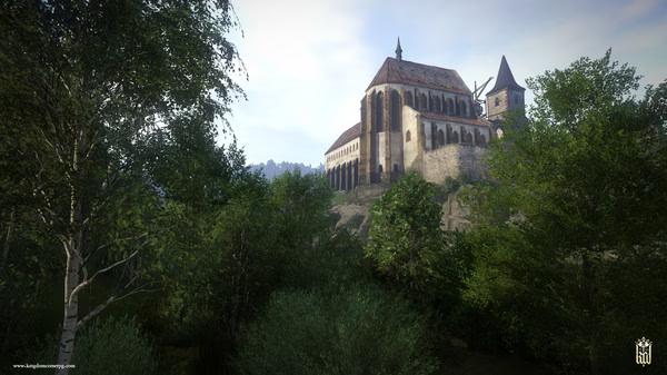 Screenshot from Kingdom Come: Deliverance showing a majestic hillside castle surrounded by lush green trees under a clear sky.