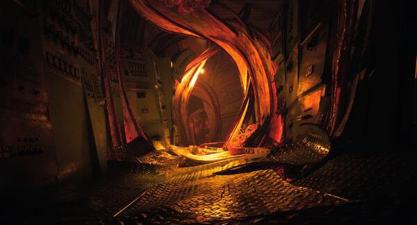 Screenshot from Still Wakes the Deep showing a glowing, twisted organic structure in a dimly lit industrial corridor.