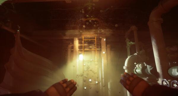 Screenshot from Still Wakes the Deep: A pair of hands reach towards a glowing ladder surrounded by pipes in dim lighting.