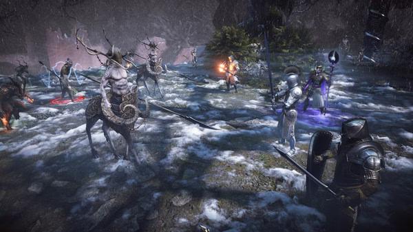 Screenshot from King Arthur: Knight's Tale featuring knights in armor battling horned creatures in a snowy forest setting.