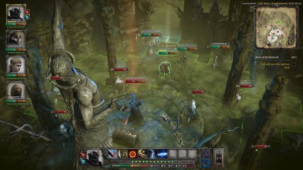 Screenshot from King Arthur: Knight's Tale showing a strategic battle with knights and creatures in a mystical forest setting.