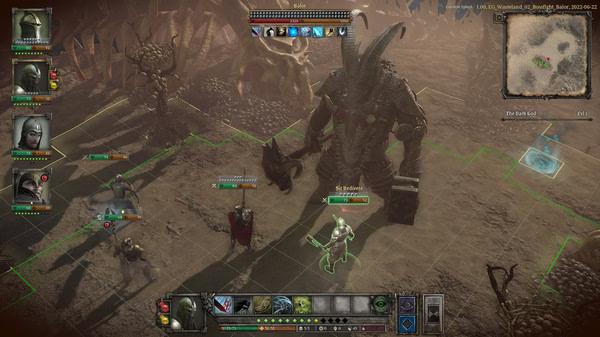King Arthur: Knight's Tale screenshot showing characters in tactical combat against a large armored enemy in a barren environment.