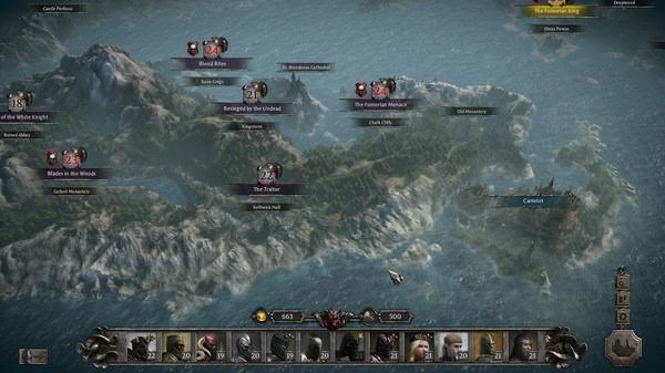 Screenshot from King Arthur: Knight's Tale showing a detailed map with various labeled locations and character icons.