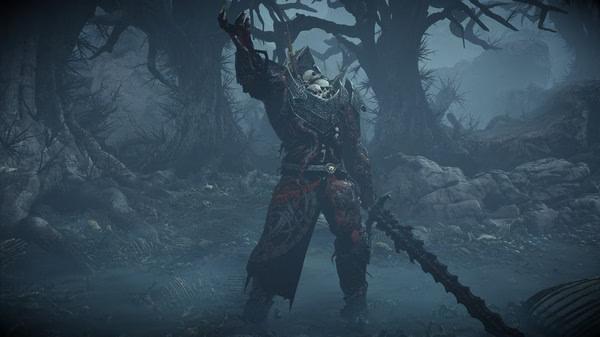 A dark, armored figure wields a massive sword in a misty, eerie forest in this King Arthur: Knight's Tale game screenshot.
