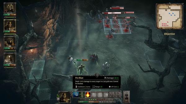 Screenshot from King Arthur: Knight's Tale showing a tactical battle scene with knights, enemies, abilities, and a minimap.