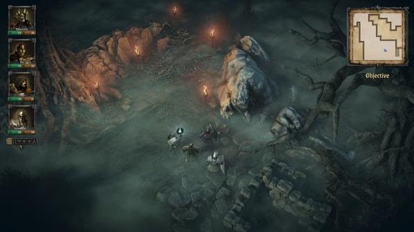 Screenshot from King Arthur: Knight's Tale showing knights exploring a foggy, torch-lit path with a map in the top right corner.