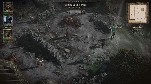 A screenshot from King Arthur: Knight's Tale showing heroes deployed in a rocky battlefield with a map and objectives visible.