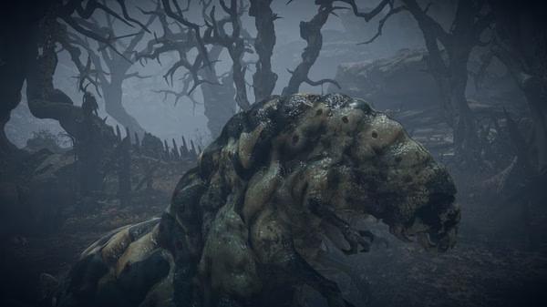 A screenshot from King Arthur: Knight's Tale showing a grotesque creature in a dark, eerie forest with twisted trees.