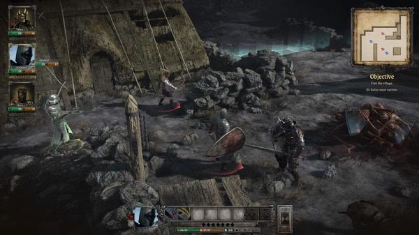 Screenshot from King Arthur: Knight's Tale showing armored knights near a thatched hut, with a mini-map and objective displayed.