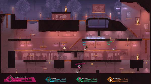 Catch Me! screenshot showing players navigating a multi-level neon-lit building, evading capture and collecting items.