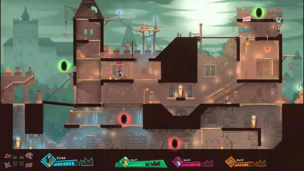 Screenshot from the game Catch Me! showing colorful characters navigating a multi-level maze with glowing portals and obstacles.