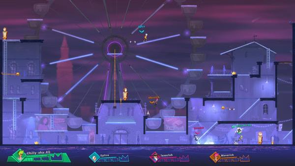 Screenshot of Catch Me! showing multiple players navigating a complex, neon-lit cityscape with high towers and bridges.
