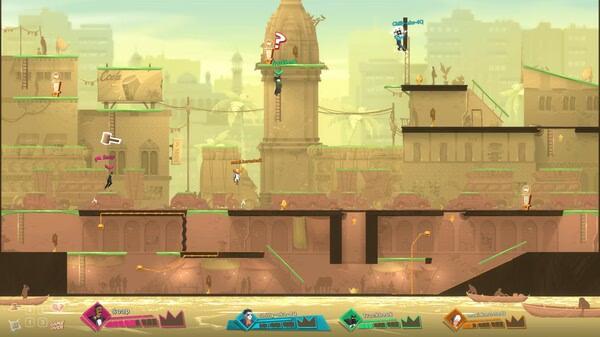 Screenshot from 'Catch Me!' showing multiple characters navigating platforms in a colorful urban environment.