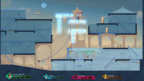 Catch Me! screenshot of a multi-level arena with characters using glowing trails and ropes to navigate platforms.