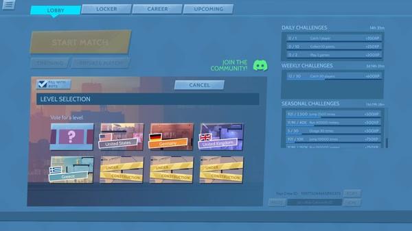 Catch Me! screenshot showing the lobby menu with level selection options, including Greece and United States maps.