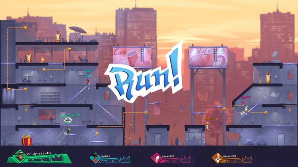 Screenshot from 'Catch Me!' showing characters navigating platforms in an urban setting with the word "Run!" in the center.