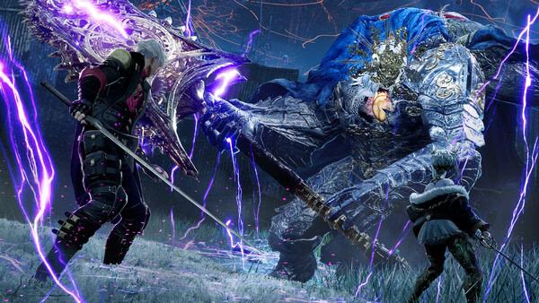 A Code Vein 2 screenshot showing two characters in combat with a large armored creature, amidst a backdrop of dark, ominous skies.