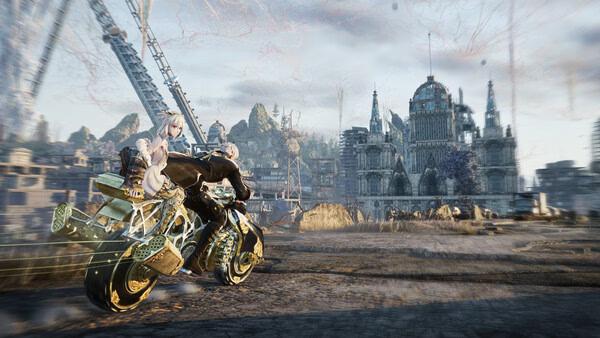 Screenshot from Code Vein 2 showing two characters riding a futuristic motorcycle in a post-apocalyptic cityscape.