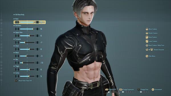 Screenshot from Code Vein 2 showing a character customization menu with a muscular avatar in a black outfit, sliders on the side.